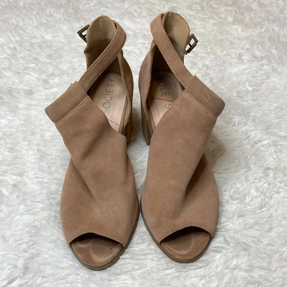 Sole Society Ferris Caramel Bootie Buckle Chunky Heel Peep Toe Shoes - Picture 3 of 11